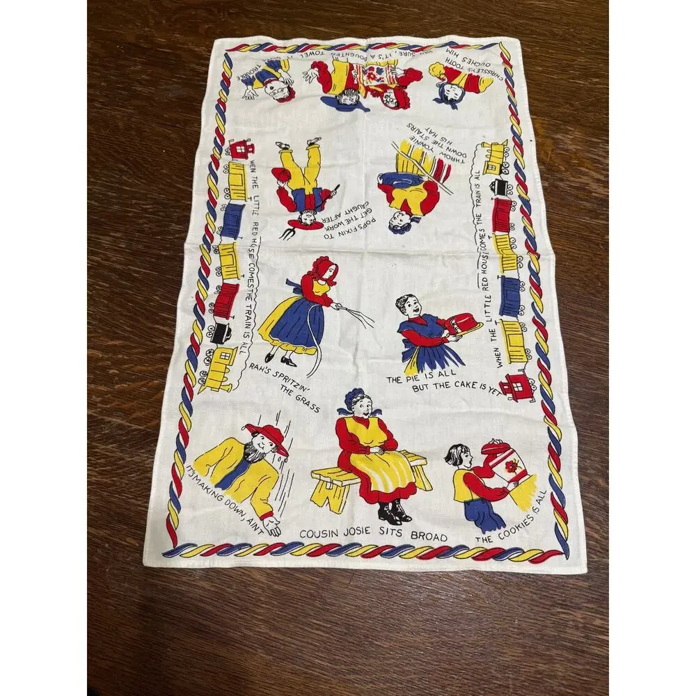 2 Kitchen Tea Towel Vintage‎ Colorful Boughten Old Time Family Story 17x27